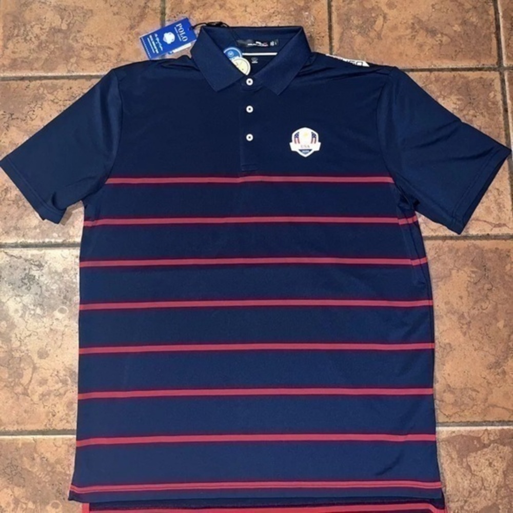New MENS L BLUE/RED STRIPED RALPH LAUREN RLX 2020 RYDER CUP USA POLO SHIRT